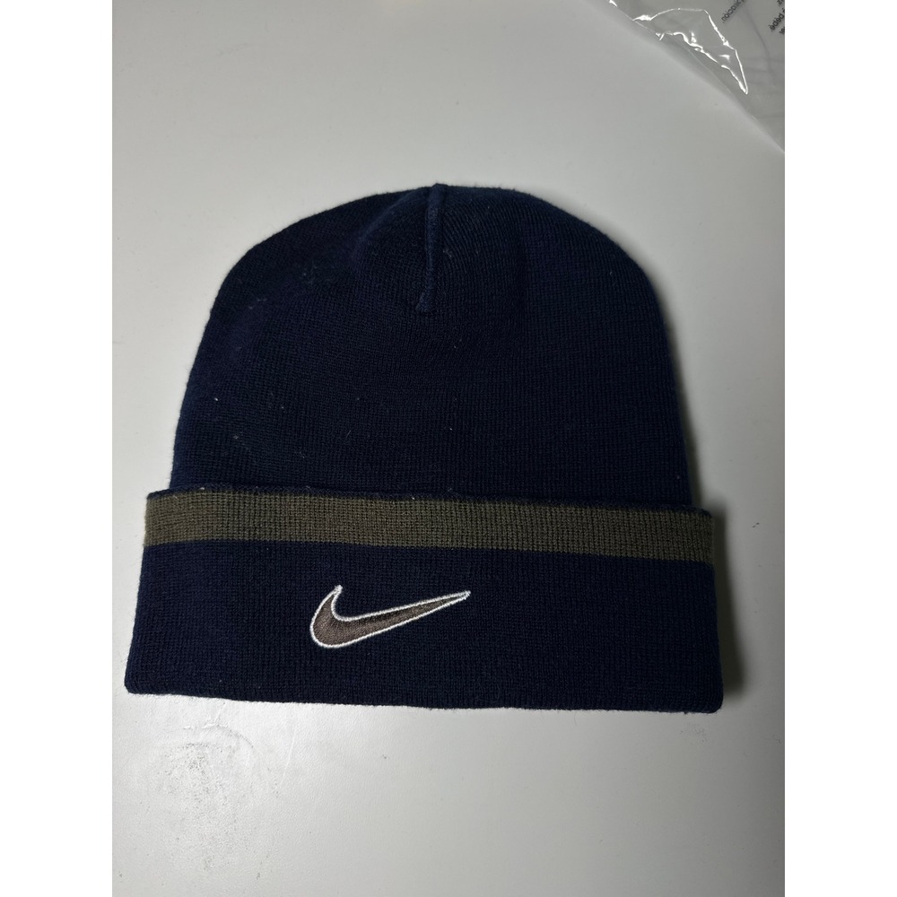 Nike Beanie Hat Navy Blue Olive‎ Green Swoosh Logo Cuffed Knit Winter Cap